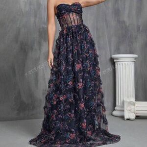 Women’s Sheer Boning Waist Floral Strapless Evening Gown Prom Homecoming NEW